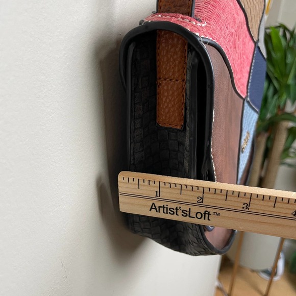 Desigual Crossbody Shoulder Purse Mixed Patchwork Pattern Pockets Brown - Picture 11 of 13